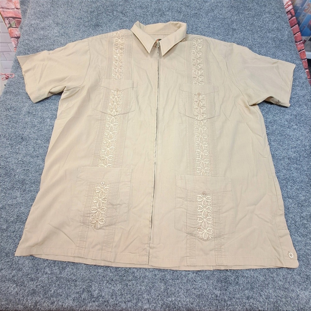Haband Guayabera Shirt Mens Large Tan Khaki Full Zip Short Sleeve Embroidered L